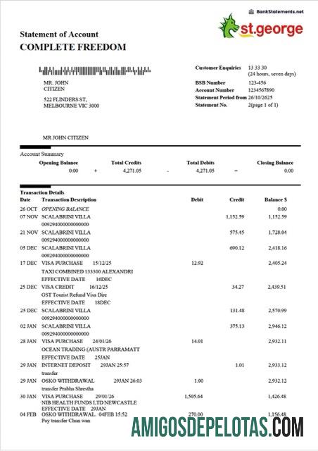 em branco Austrália St.George Bank Extrato de conta modelo Word e PDF
